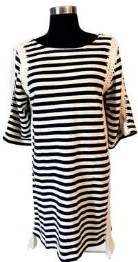 PEPIN Anthropologie Breton Crochet Dress Womens M Navy Cream Striped Knit